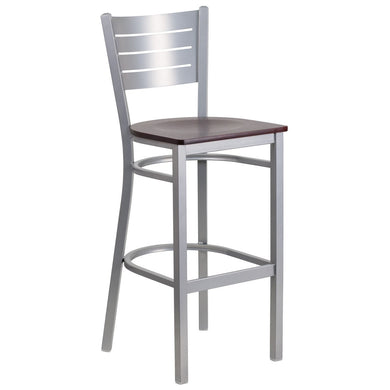 HERCULES Series Silver Slat Back Metal Restaurant Barstool - Mahogany Wood Seat