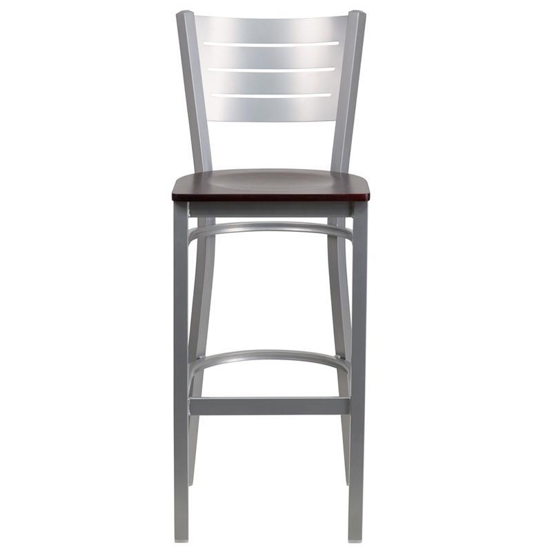 HERCULES Series Silver Slat Back Metal Restaurant Barstool - Mahogany Wood Seat - Front