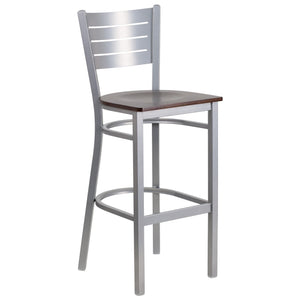 HERCULES Series Silver Slat Back Metal Restaurant Barstool - Walnut Wood Seat