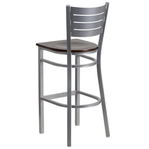 HERCULES Series Silver Slat Back Metal Restaurant Barstool - Walnut Wood Seat