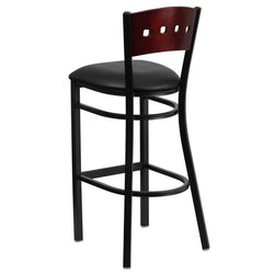 HERCULES Series Black 4 Square Back Metal Restaurant Barstool - Mahogany Wood Back, Black Vinyl Seat - Back