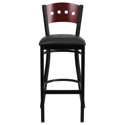 HERCULES Series Black 4 Square Back Metal Restaurant Barstool - Mahogany Wood Back, Black Vinyl Seat - Front