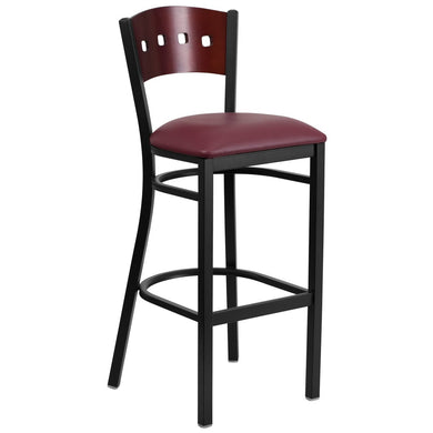 HERCULES Series Black 4 Square Back Metal Restaurant Barstool - Mahogany Wood Back, Burgundy Vinyl Seat