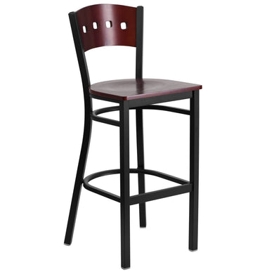 HERCULES Series Black 4 Square Back Metal Restaurant Barstool - Mahogany Wood Back & Seat