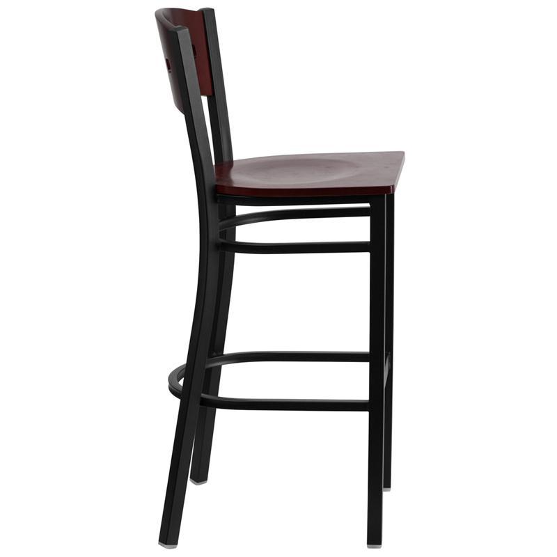 HERCULES Series Black 4 Square Back Metal Restaurant Barstool - Mahogany Wood Back & Seat - Side