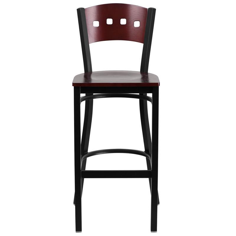 HERCULES Series Black 4 Square Back Metal Restaurant Barstool - Mahogany Wood Back & Seat - Front