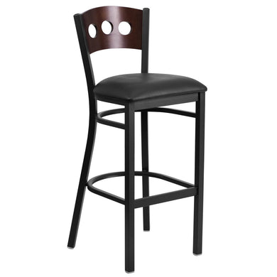 HERCULES Series Black 3 Circle Back Metal Restaurant Barstool - Walnut Wood Back, Black Vinyl Seat