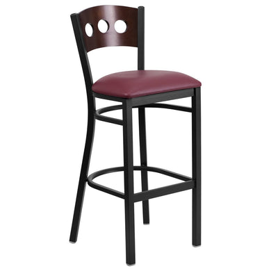 HERCULES Series Black 3 Circle Back Metal Restaurant Barstool - Walnut Wood Back, Burgundy Vinyl Seat