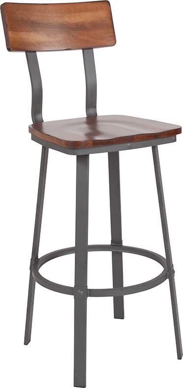 Flint Series Rustic Walnut Restaurant Barstool with Wood Seat & Back and Gray Powder Coat Frame