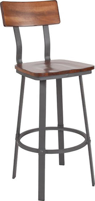 Flint Series Rustic Walnut Restaurant Barstool with Wood Seat & Back and Gray Powder Coat Frame