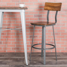 Load image into Gallery viewer, Flint Series Rustic Walnut Restaurant Barstool with Wood Seat &amp; Back and Gray Powder Coat Frame