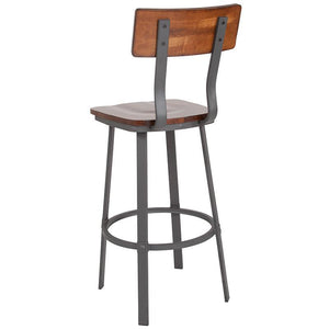 Flint Series Rustic Walnut Restaurant Barstool with Wood Seat & Back and Gray Powder Coat Frame