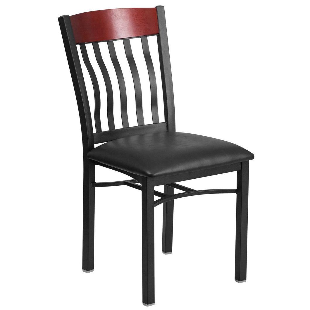 Eclipse Series Vertical Back Black Metal and Mahogany Wood Restaurant Chair with Black Vinyl Seat