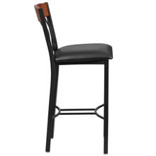 Load image into Gallery viewer, Eclipse Series Vertical Back Black Metal and Cherry Wood Restaurant Barstool with Black Vinyl Seat
