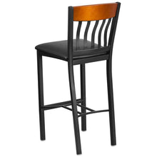 Load image into Gallery viewer, Eclipse Series Vertical Back Black Metal and Cherry Wood Restaurant Barstool with Black Vinyl Seat