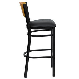 HERCULES Series Black Circle Back Metal Restaurant Barstool - Natural Wood Back, Black Vinyl Seat - Sideview