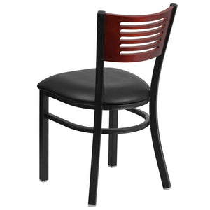 HERCULES Series Black Slat Back Metal Restaurant Chair - Mahogany Wood Back, Black Vinyl Seat