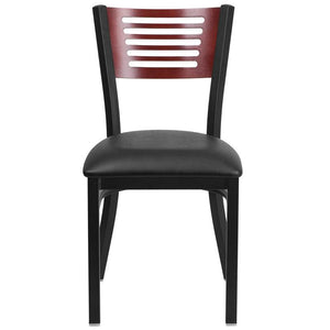 HERCULES Series Black Slat Back Metal Restaurant Chair - Mahogany Wood Back, Black Vinyl Seat