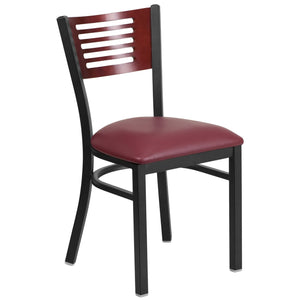 HERCULES Series Black Slat Back Metal Restaurant Chair - Mahogany Wood Back, Burgundy Vinyl Seat