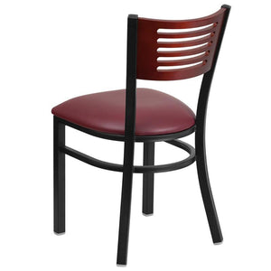 HERCULES Series Black Slat Back Metal Restaurant Chair - Mahogany Wood Back, Burgundy Vinyl Seat