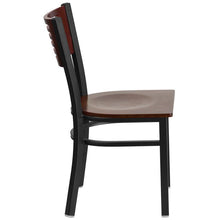 Load image into Gallery viewer, HERCULES Series Black Slat Back Metal Restaurant Chair - Mahogany Wood Back &amp; Seat - Side