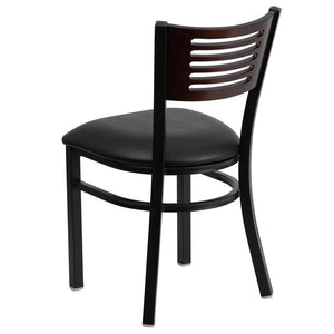 HERCULES Series Black Slat Back Metal Restaurant Chair - Walnut Wood Back, Black Vinyl Seat