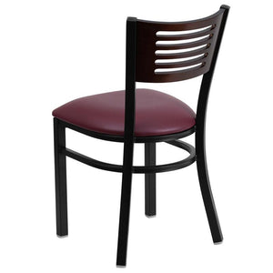 HERCULES Series Black Slat Back Metal Restaurant Chair - Walnut Wood Back, Burgundy Vinyl Seat