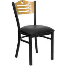 Load image into Gallery viewer, HERCULES Series Black Slat Back Metal Restaurant Chair - Natural Wood Back, Black Vinyl Seat