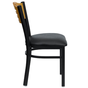 HERCULES Series Black Slat Back Metal Restaurant Chair - Natural Wood Back, Black Vinyl Seat - Side