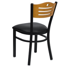 Load image into Gallery viewer, HERCULES Series Black Slat Back Metal Restaurant Chair - Natural Wood Back, Black Vinyl Seat