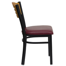 Load image into Gallery viewer, HERCULES Series Black Slat Back Metal Restaurant Chair - Natural Wood Back, Burgundy Vinyl Seat