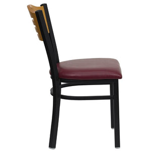 HERCULES Series Black Slat Back Metal Restaurant Chair - Natural Wood Back, Burgundy Vinyl Seat - Side
