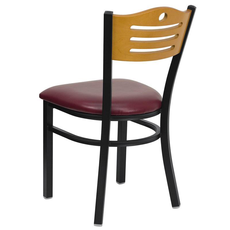 HERCULES Series Black Slat Back Metal Restaurant Chair - Natural Wood Back, Burgundy Vinyl Seat - Back