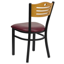 Load image into Gallery viewer, HERCULES Series Black Slat Back Metal Restaurant Chair - Natural Wood Back, Burgundy Vinyl Seat - Back