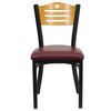 HERCULES Series Black Slat Back Metal Restaurant Chair - Natural Wood Back, Burgundy Vinyl Seat - Front