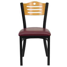 Load image into Gallery viewer, HERCULES Series Black Slat Back Metal Restaurant Chair - Natural Wood Back, Burgundy Vinyl Seat - Front