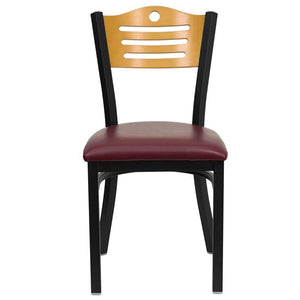 HERCULES Series Black Slat Back Metal Restaurant Chair - Natural Wood Back, Burgundy Vinyl Seat - Front