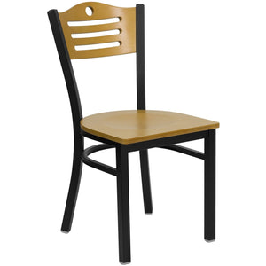 HERCULES Series Black Slat Back Metal Restaurant Chair - Natural Wood Back & Seat