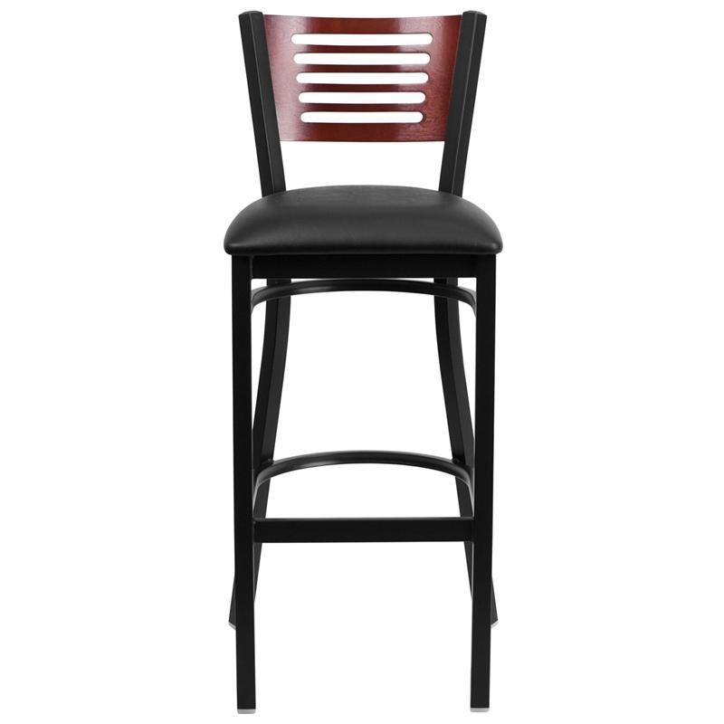 HERCULES Series Black Slat Back Metal Restaurant Barstool - Mahogany Wood Back, Black Vinyl Seat - Front