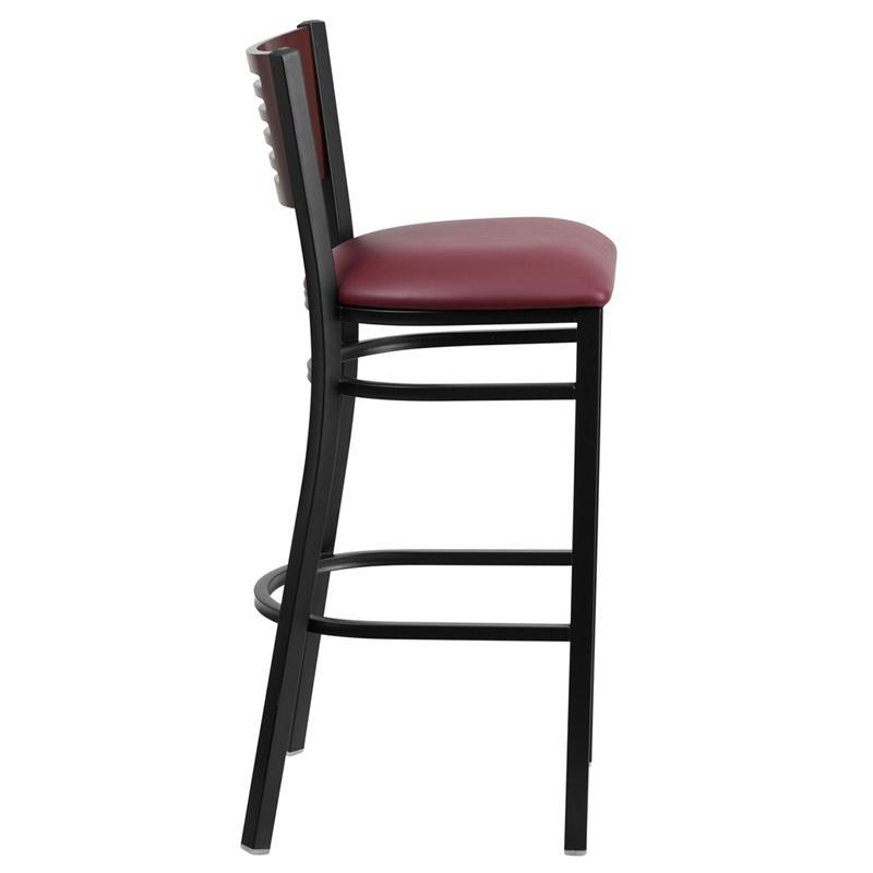 HERCULES Series Black Slat Back Metal Restaurant Barstool - Mahogany Wood Back, Burgundy Vinyl Seat - Side