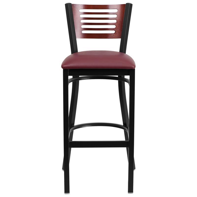 HERCULES Series Black Slat Back Metal Restaurant Barstool - Mahogany Wood Back, Burgundy Vinyl Seat - Front