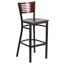 Load image into Gallery viewer, HERCULES Series Black Slat Back Metal Restaurant Barstool - Mahogany Wood Back &amp; Seat