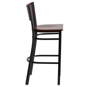 HERCULES Series Black Slat Back Metal Restaurant Barstool - Mahogany Wood Back & Seat - Side