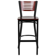 Load image into Gallery viewer, HERCULES Series Black Slat Back Metal Restaurant Barstool - Mahogany Wood Back &amp; Seat - Front