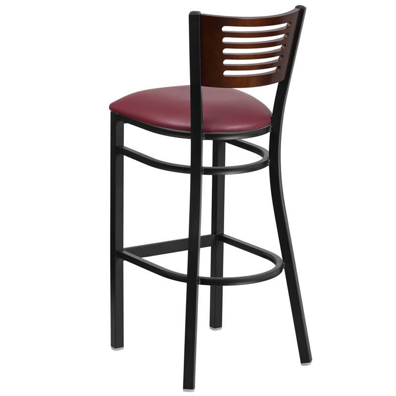 HERCULES Series Black Slat Back Metal Restaurant Barstool - Walnut Wood Back, Burgundy Vinyl Seat - Back