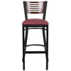 HERCULES Series Black Slat Back Metal Restaurant Barstool - Walnut Wood Back, Burgundy Vinyl Seat - Front