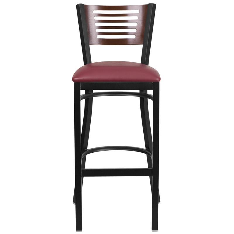 HERCULES Series Black Slat Back Metal Restaurant Barstool - Walnut Wood Back, Burgundy Vinyl Seat - Front