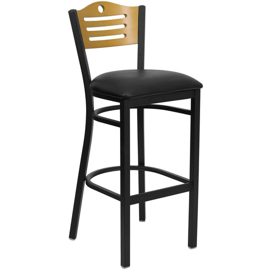 HERCULES Series Black Slat Back Metal Restaurant Barstool - Natural Wood Back, Black Vinyl Seat
