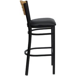 HERCULES Series Black Slat Back Metal Restaurant Barstool - Natural Wood Back, Black Vinyl Seat - Side