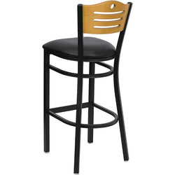 HERCULES Series Black Slat Back Metal Restaurant Barstool - Natural Wood Back, Black Vinyl Seat - Back